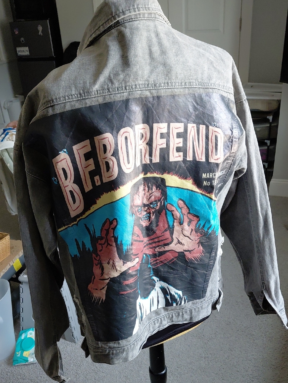 Gray Graphic Denim Jacket with Vintage Horror Back Print
